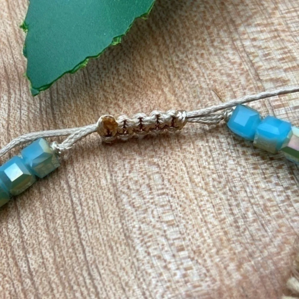 Cubic Boho Bracelet Iridescent Light Blue Tan‎ Crystal Beaded Adjustable Length